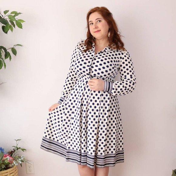 Vintage Dresses & Skirts - 70s Blue & White Dot Dress Striped Long Sleeve
